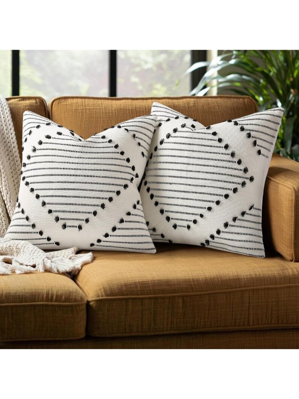 Boho Outdoor Throw Pillow Covers Set of 2 | 20x20 Black & Cream Decor